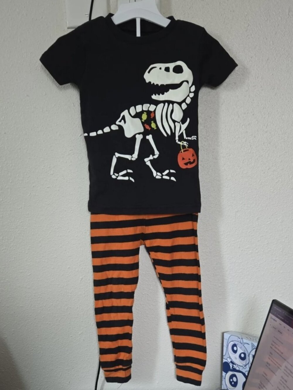 Glow In The Dark Halloween Skeleton T-Rex Pajama Set